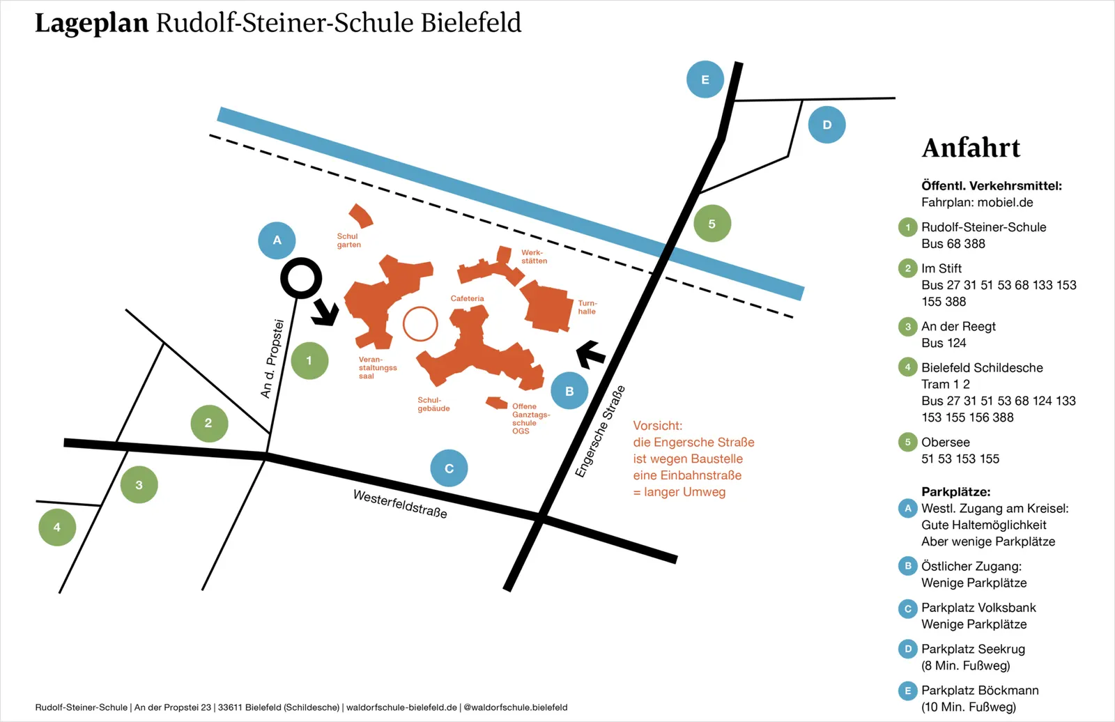Lageplan der Rudolf-Steiner-Schule Bielefeld mit Anfahrt und Parkmöglichkeiten